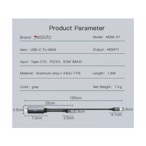 کابل Type-Cبه Hdmi یسیدو 4k مدل  Yesido HM01 Type-C To Hdmi Adapter HM01
