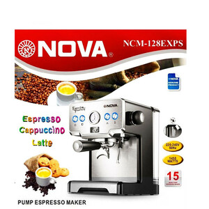 اسپرسوساز نیمه صنعتی 1700 میلی‌لیتری نوا مدل NCM-128EXPS، با مصرف پودر قهوه، مناسب تهیه اسپرسو، کاپوچینو و کافه لاته، دارای 1 عدد نازل قهوه، تنظیم میزان بخاردهی