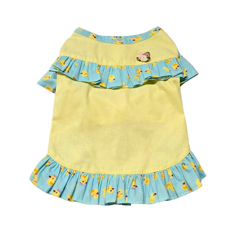 پیراهن نخی دخترانه سگ | لباس سبک و گل‌دار با طراحی چین‌دار و بج کارتونی کد R0040