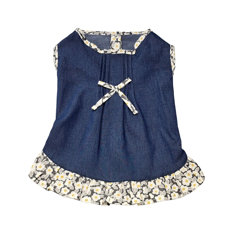پیراهن جین دخترانه سگ | لباس شیک و گل‌دار با پاپیون و طراحی فانتزی کد R0043