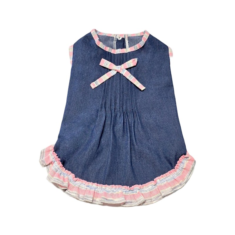 پیراهن جین دخترانه سگ | لباس شیک و گل‌دار با پاپیون و طراحی فانتزی کد R0044