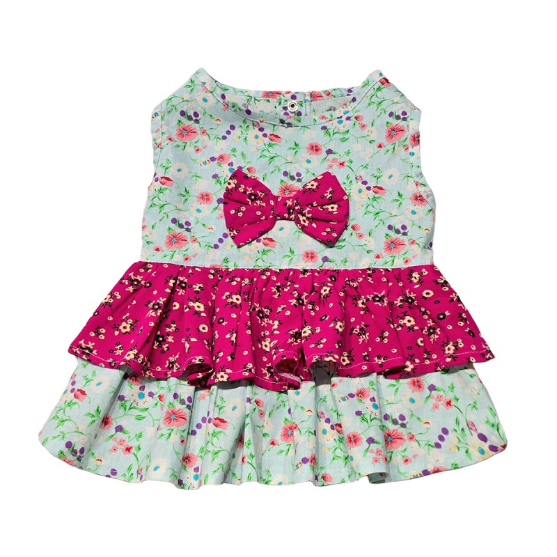 پیراهن نخی دخترانه سگ | مدل فیروزه‌ای گل‌دار با پاپیون صورتی و دامن دو لایه کد R0049