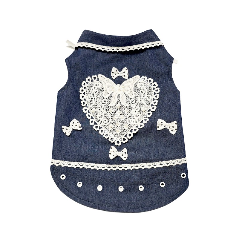 پیراهن جین دخترانه سگ | مدل قلب توری با تزئینات ظریف و یقه حلقه‌ای کد R0055