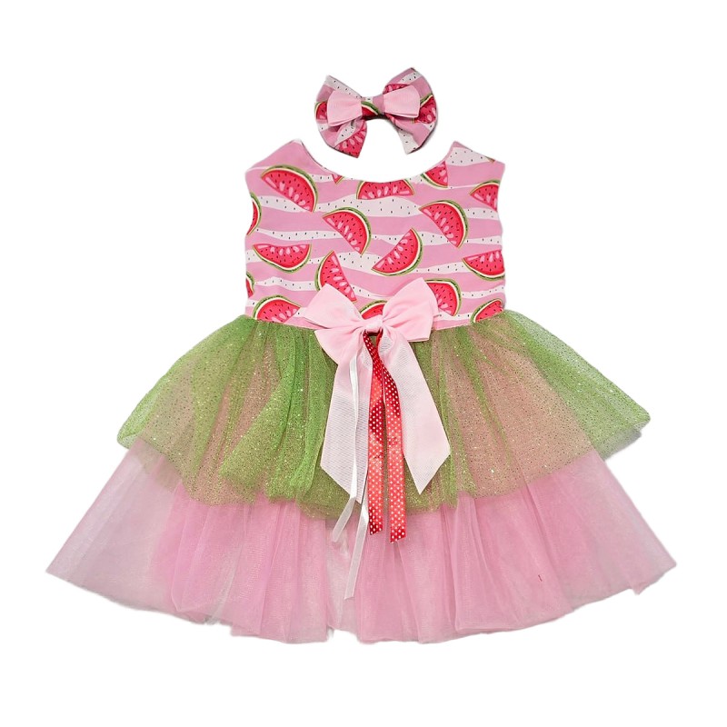 لباس سگ دخترانه طرح هندوانه | مدل تابستانی با دامن تور رنگی و پاپیون بزرگ کد R0058