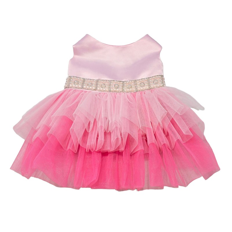 لباس سگ دخترانه دامندار | مدل صورتی گرادیانی با کمربند تزئینی و دامن تور کد R 0059