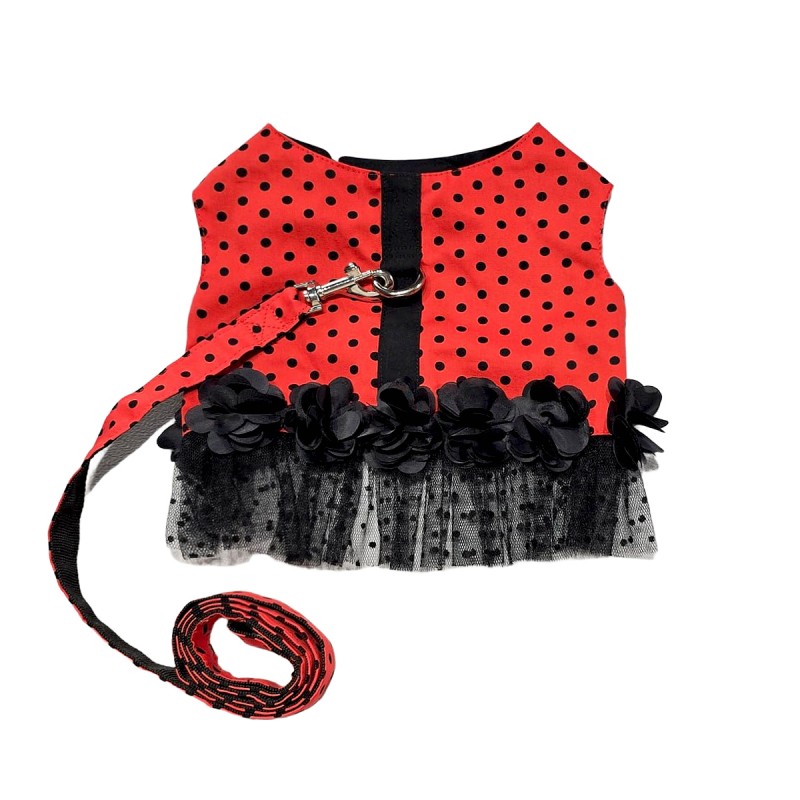 لباس سگ دخترانه قلاده‌دار | مدل خال‌خالی قرمز با بند ست و گل‌دوزی مشکی کد R0065