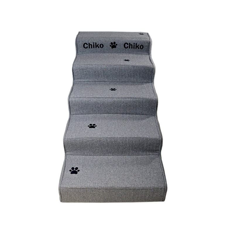 پله VIP سگ سفارشی | مدل ۵ پله طوسی با چاپ اسم پت و طراحی مقاوم کد 1263