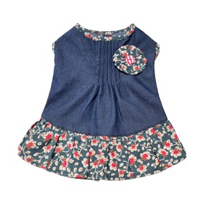 پیراهن جین دخترانه سگ | لباس ترکیبی جین و گل‌دار با طراحی فانتزی و بج سینه کد R0041