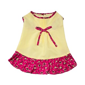 پیراهن نخی دخترانه سگ | لباس سبک و گل‌دار با طراحی پاپیون و حاشیه صورتی کد R0042