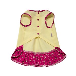پیراهن نخی دخترانه سگ | لباس سبک و گل‌دار با طراحی چین‌دار و پچ کارتونی کد R0040