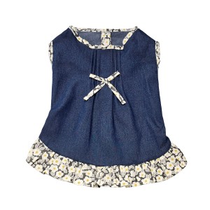 پیراهن جین دخترانه سگ | لباس شیک و گل‌دار با پاپیون و طراحی فانتزی کد R0043