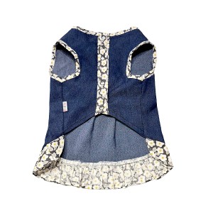 پیراهن جین دخترانه سگ | لباس ترکیبی جین و گل‌دار با طراحی فانتزی و بج سینه کد R0041
