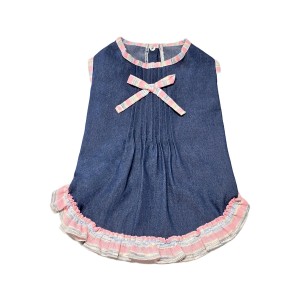 پیراهن جین دخترانه سگ | لباس شیک و گل‌دار با پاپیون و طراحی فانتزی کد R0044