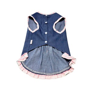 پیراهن جین دخترانه سگ | لباس شیک و گل‌دار با پاپیون و طراحی فانتزی کد R0044