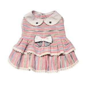 پیراهن نخی دخترانه سگ | مدل راه‌راه با پاپیون سفید و یقه گلدوزی‌شده کد R0046