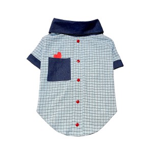 پیراهن پسرانه سگ | مدل چهارخونه آبی با یقه سرمه‌ای و دکمه قرمز کد R0048