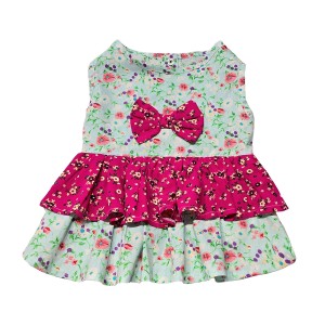 پیراهن نخی دخترانه سگ | مدل فیروزه‌ای گل‌دار با پاپیون صورتی و دامن دو لایه کد R0049