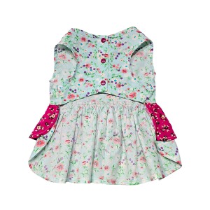 پیراهن نخی دخترانه سگ | لباس سبک و گل‌دار با طراحی پاپیون و حاشیه صورتی کد R0042