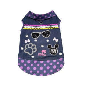 پیراهن جین دخترانه سگ | مدل باربی با تزئینات فانتزی و دامن گلدار کد R0054