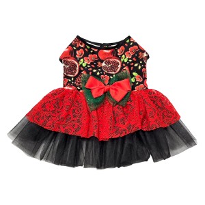 لباس سگ دخترانه مشکی قرمز | مدل اناری با دامن تور و پاپیون مجلسی کد R0057