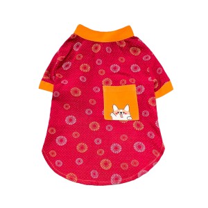 پیراهن پسرانه سگ | مدل قرمز با طرح دایره‌ای و یقه نارنجی دکمه‌دار کد R0062