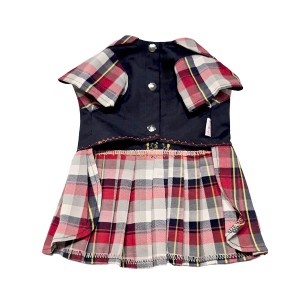 پیراهن نخی دخترانه سگ | مدل فیروزه‌ای گل‌دار با پاپیون صورتی و دامن دو لایه کد R0049