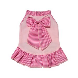 لباس سگ دخترانه نخی | مدل صورتی با پاپیون بزرگ و حاشیه چهارخونه کد R0066