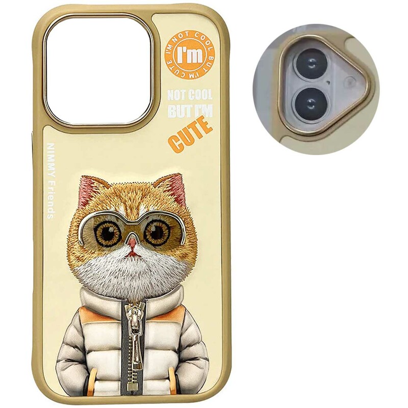 قاب محافظ گوشی آیفون 16 طرح خرس با عینک و زیپ واقعی نیمی Embroidery