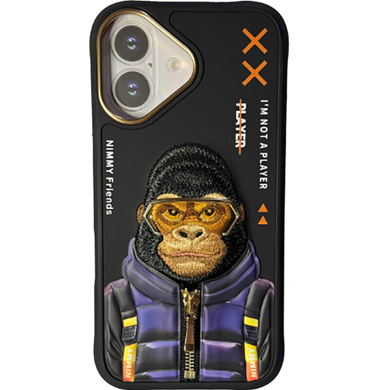 قاب محافظ گوشی آیفون 16 طرح گوریل با عینک و زیپ واقعی نیمی Embroidery