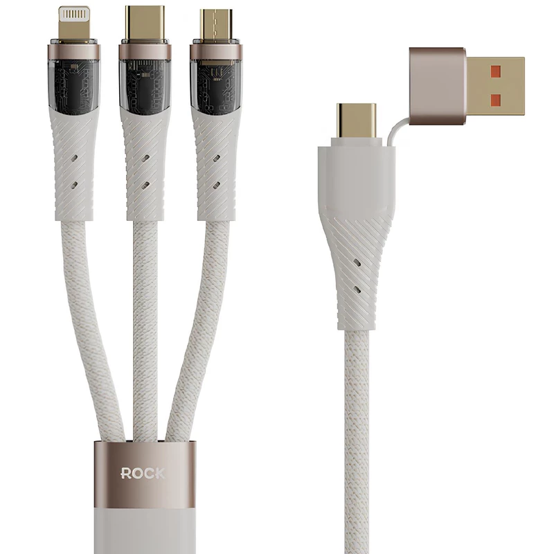 کابل سوپر فست شارژ چند سر تایپ سی و یو اس بی به تایپ سی، لایتنینگ و میکرو 100 وات 1.5 متری راک RCB0860