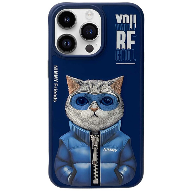 قاب محافظ گوشی آیفون 15 پرو طرح گربه با زیپ و عینک واقعی نیمی Embroidery