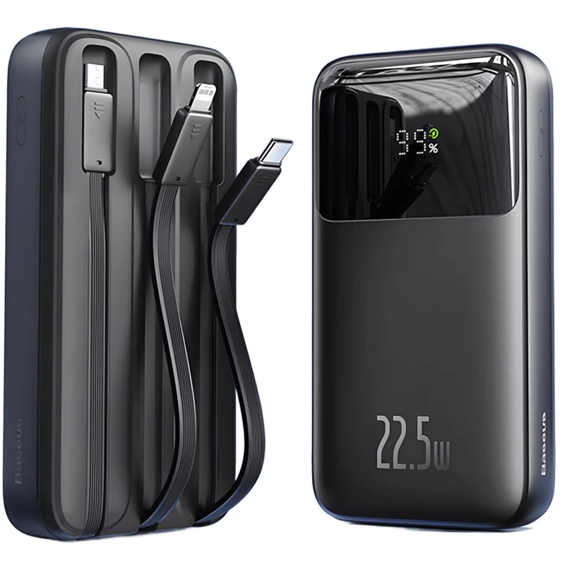پاور بانک فست شارژ تایپ سی و یو اس بی 22.5 وات 10000 با کابل میکرو، تایپ سی و لایتنینگ بیسوس P10022507312-02
