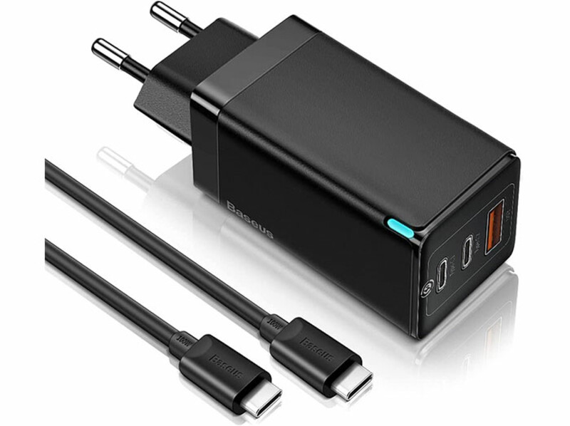 شارژر دیواری سریع سه پورت و کابل تایپ سی بیسوس Baseus CCGaN65E5 GaN2 Pro 65W Charger