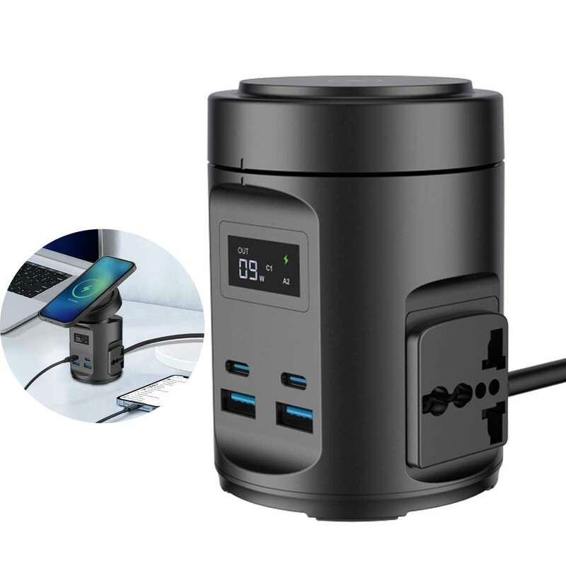 شارژر وایرلس رومیزی 15 وات و چندراهی برق 2200 وات دو یو اس بی، دو تایپ سی و دو سوکت برق پاورولوژی PWCUQC014