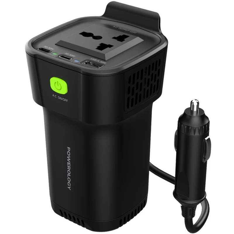 اینورتر و شارژر فندکی فست شارژ ماشین تایپ سی و یو اس بی 150 وات پاورولوژی P150INVBK