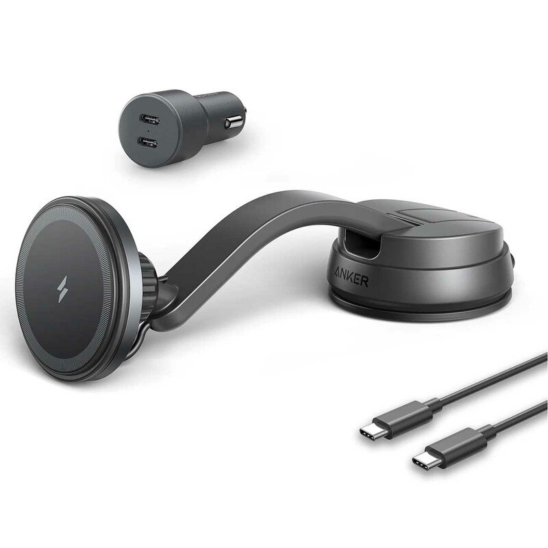 هولدر شارژر وایرلس آیفون داخل خودرو انکر همراه با شارژ فندکی و کابل دو سر تایپ‌سی B2930011