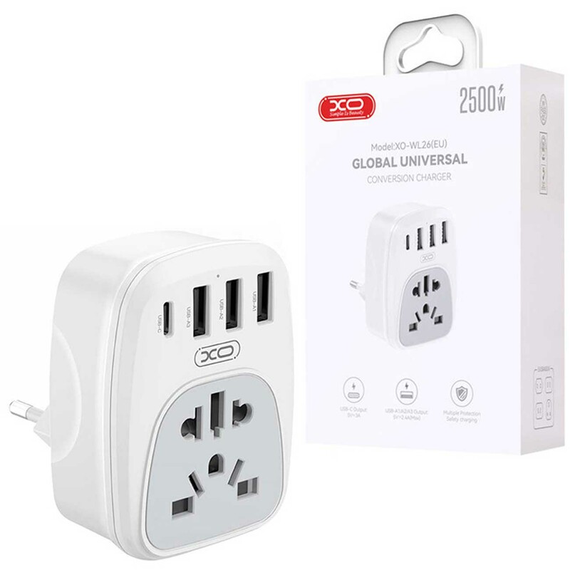 چندراهی برق و شارژر دیواری یک سوکت جهانی، 3 یو‌اس‌بی و 1 تایپ‌سی 15 وات ایکس‌او WL26