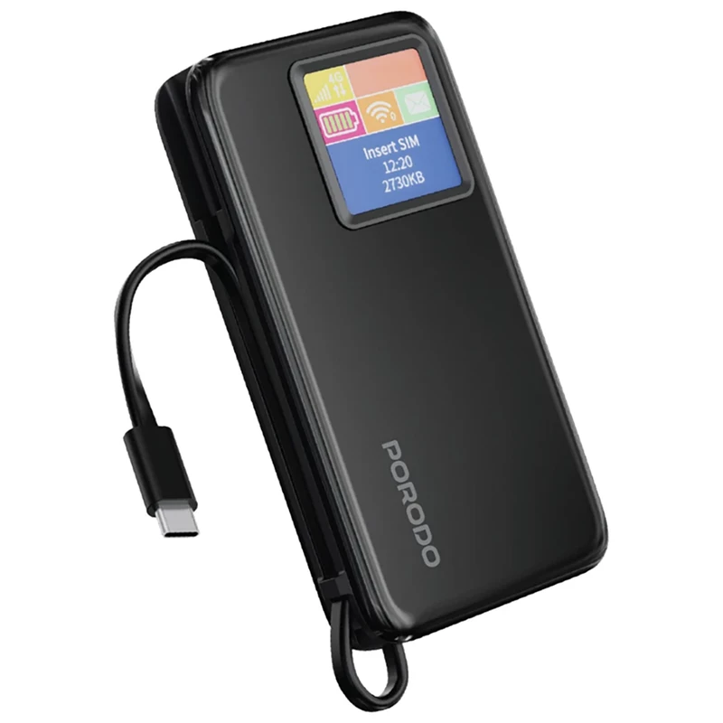 مودم همراه 4G LTE و پاوربانک 10000 تایپ‌سی 20 وات پورودو Porodo PB087 PDPBFCH087BK با نمایشگر دیجیتالی