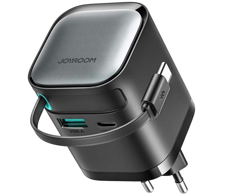 شارژر دیواری فست تایپ سی و یو اس بی 65 وات جویروم همراه با کابل تایپ‌سی جمع‌شونده 70 سانتی‌متری JR-TCL02EU