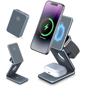 شارژر بی سیم مگنتی و پایه نگهدارنده تاشو رومیزی 15 وات گوشی، ساعت و ایرپاد