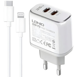 شارژر دیواری فست شارژ تایپ سی 35 وات با کابل تایپ سی به لایتنینگ الدنیو A2528M