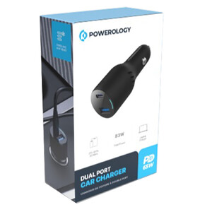 فروش شارژر فندکی فست شارژ ماشین تایپ سی و یو اس بی 65 وات پاورولوژی