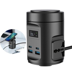 شارژر وایرلس رومیزی 15 وات و چندراهی برق 2200 وات دو یو اس بی، دو تایپ سی و دو سوکت برق پاورولوژی PWCUQC014