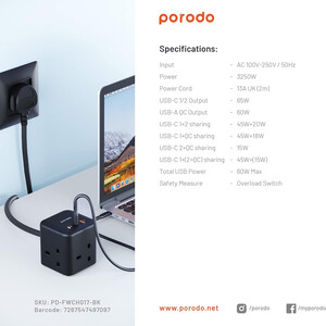 قیمت شارژر رومیزی 3 سوکت، یک یو اس بی، دو تایپ سی 65 وات پورودو