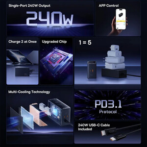 شارژر رومیزی فست تایپ سی، یو اس بی و دی سی 240 وات بیسوس