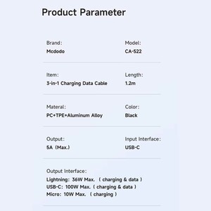 کابل شارژ سه سر تایپ سی به تایپ‌سی 100 وات، لایتنینگ 36 وات و میکرو یو‌اس‌بی 10 وات 1.2 متری مک‌دودو