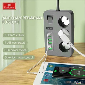 چندراهی برق ارت‌دار 3 سوکت،4 پورت یو‌اس‌بی و 2 پورت تایپ‌سی 3000 وات ارلدام