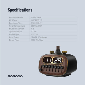 چراغ رومیزی، ساعت و اسپیکر بلوتوث پورودو