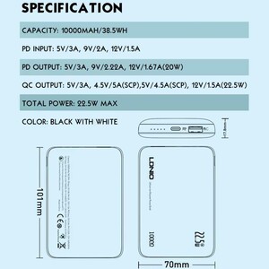 مشخصات پاوربانک 10000 میلی‌آمپر فست شارژ 22.5 وات تایپ سی و یو اس بی الدنیو