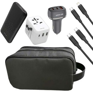 کیف لوازم جانبی مسافرتی همراه با شارژر دیواری، کابل شارژ، شارژر فندکی و پاوربانک گرین GNCTRV6N1BAG